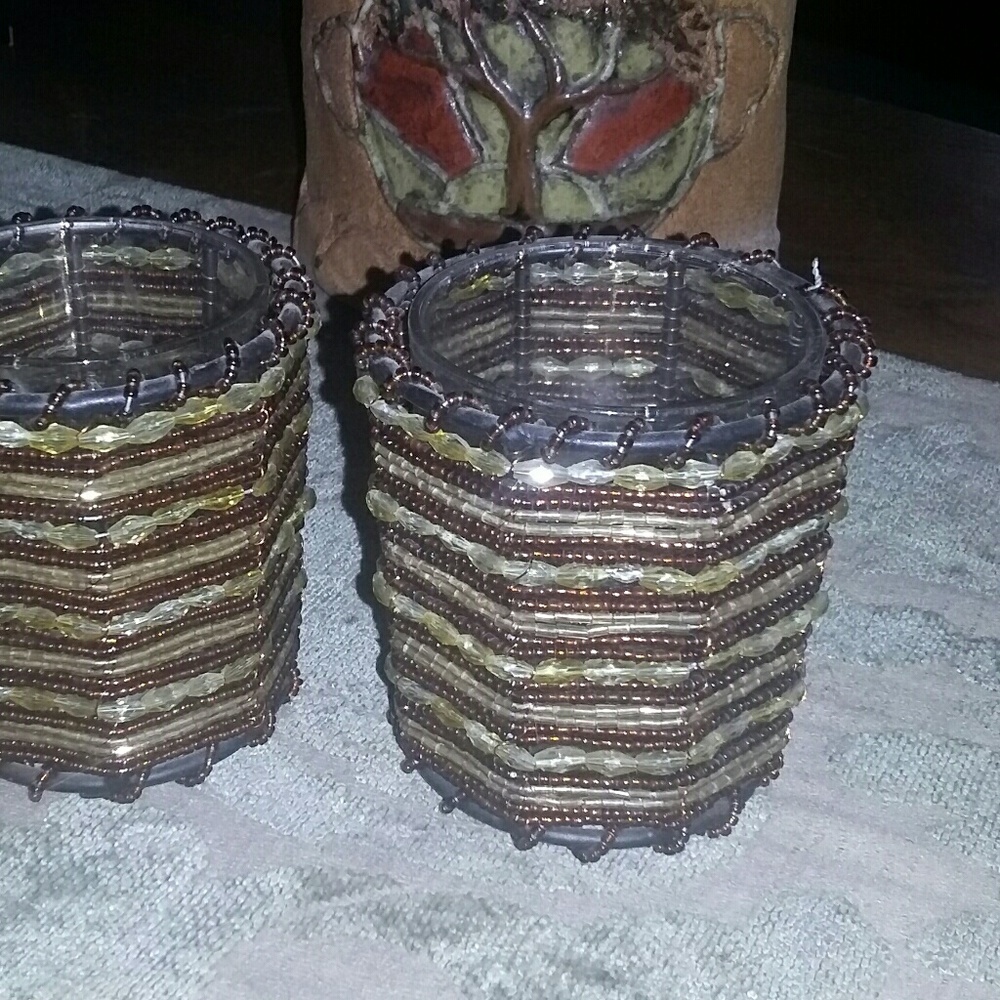 VINTAGE BEADED AND METAL AND GLASS CANDLE